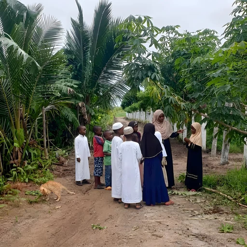 Students and visitors learning about banana, coffee, and spice farming in Tanga